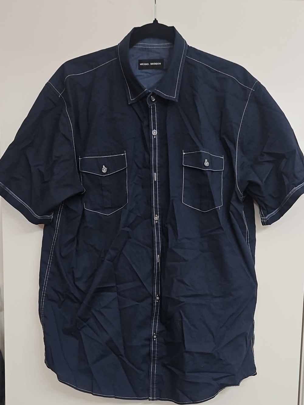 Michael Brandon Dark Navy Short-Sleeve Button-Down Shirt with Contrast Stitching